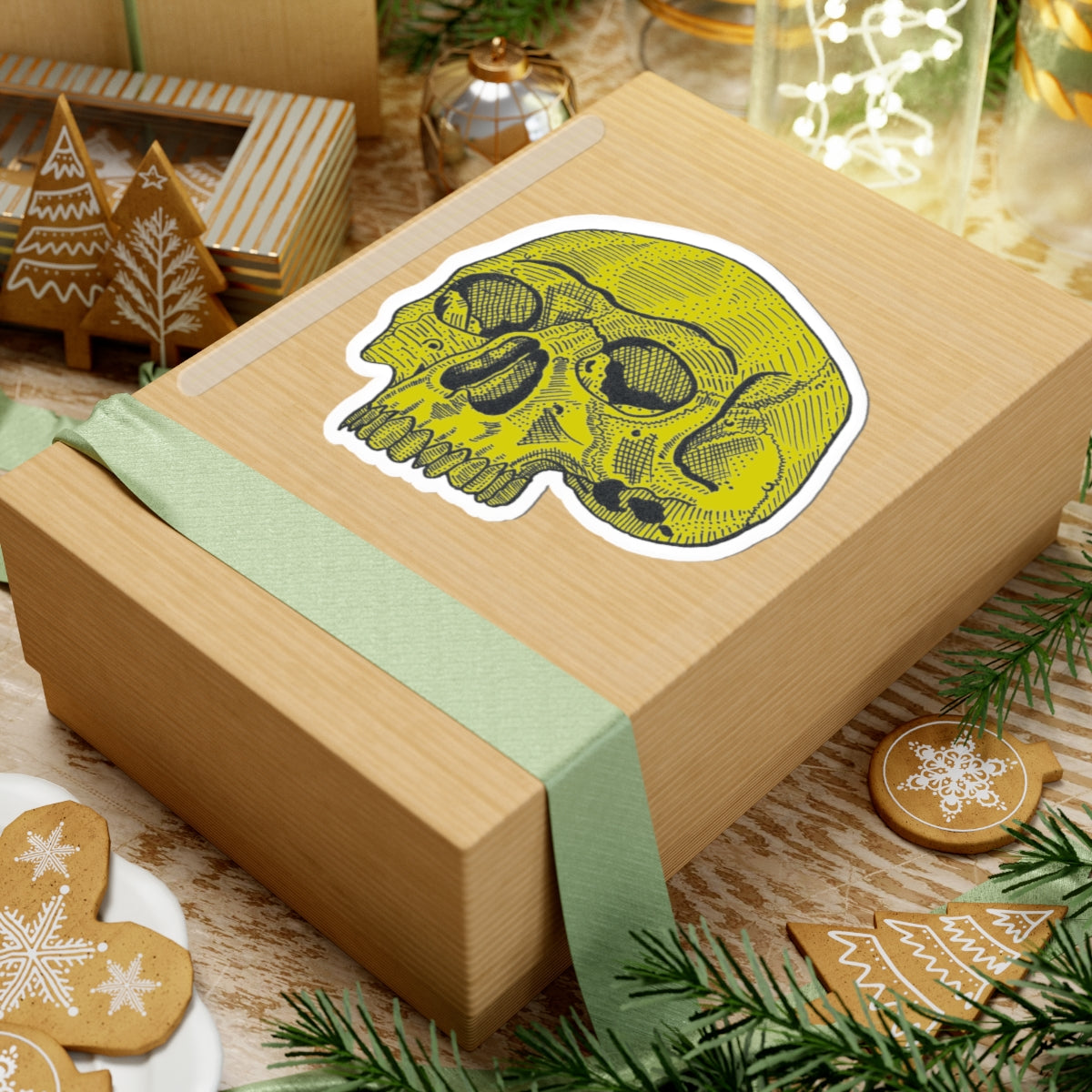 Yellow Retro Etched Skull Kiss-Cut Sticker