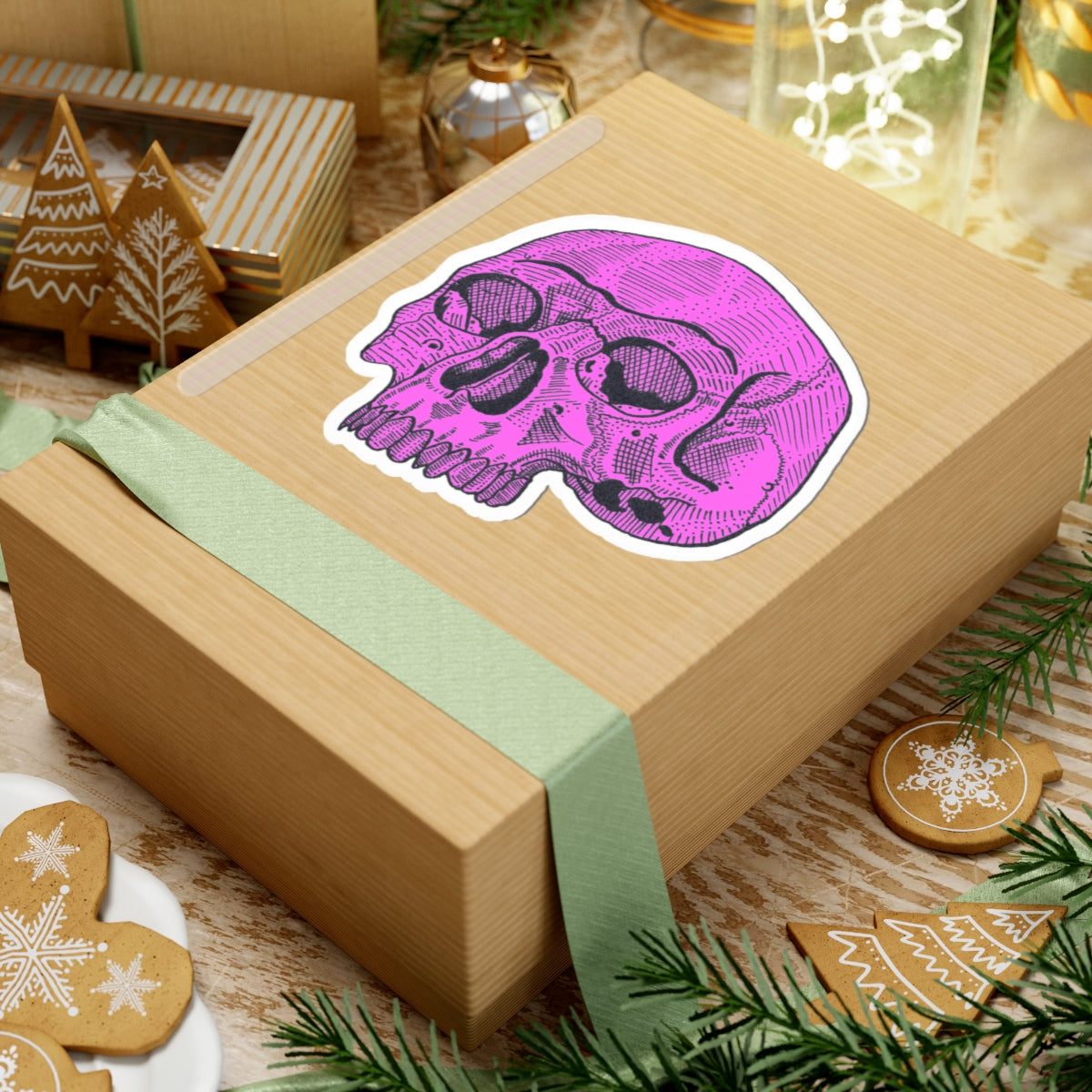Pink Retro Etched Skull Kiss-Cut Sticker