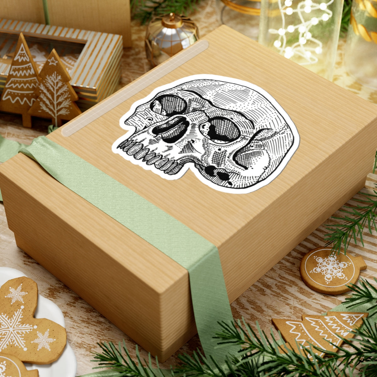 White Retro Etched Skull Kiss-Cut Sticker