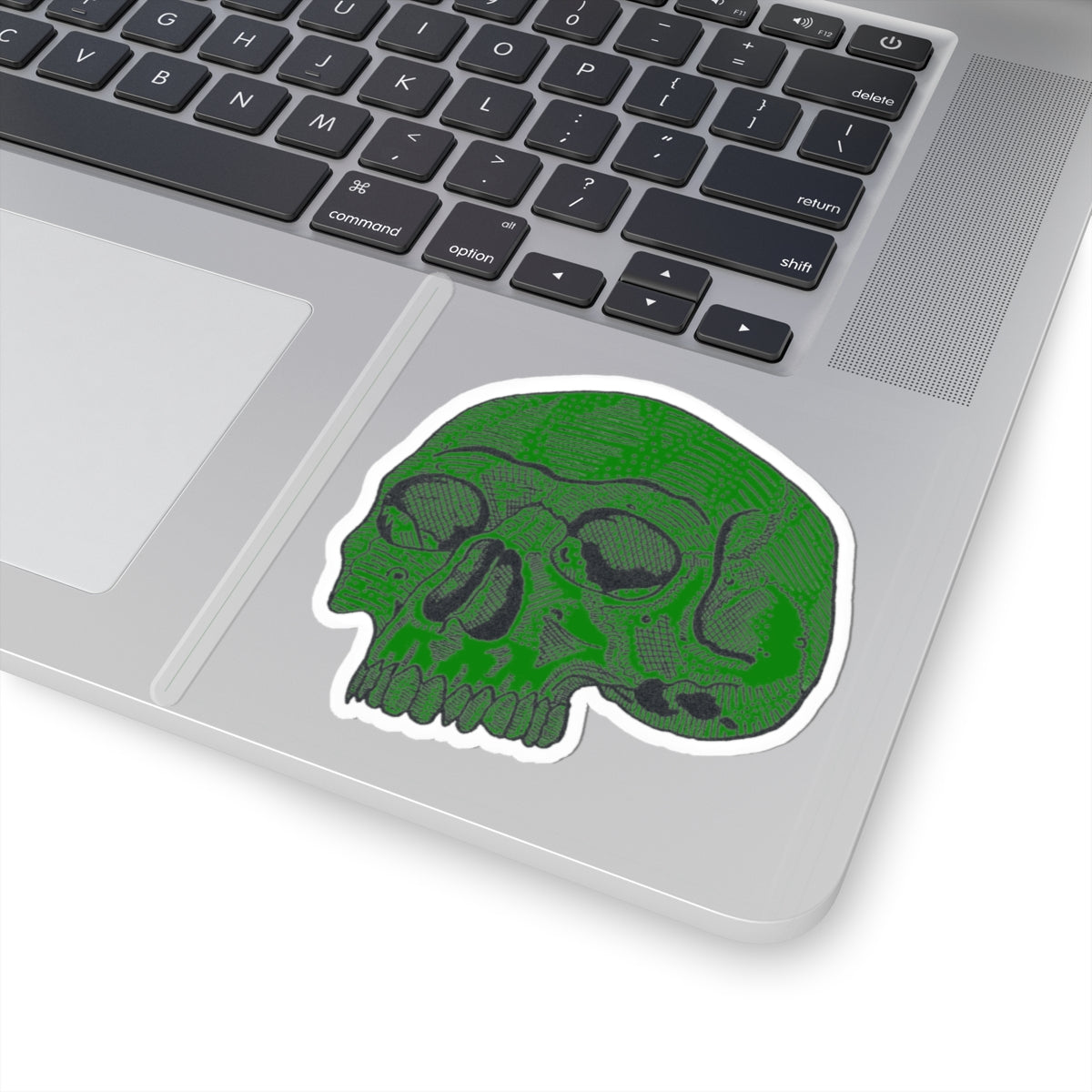 Green Retro Etched Skull Kiss-Cut Sticker
