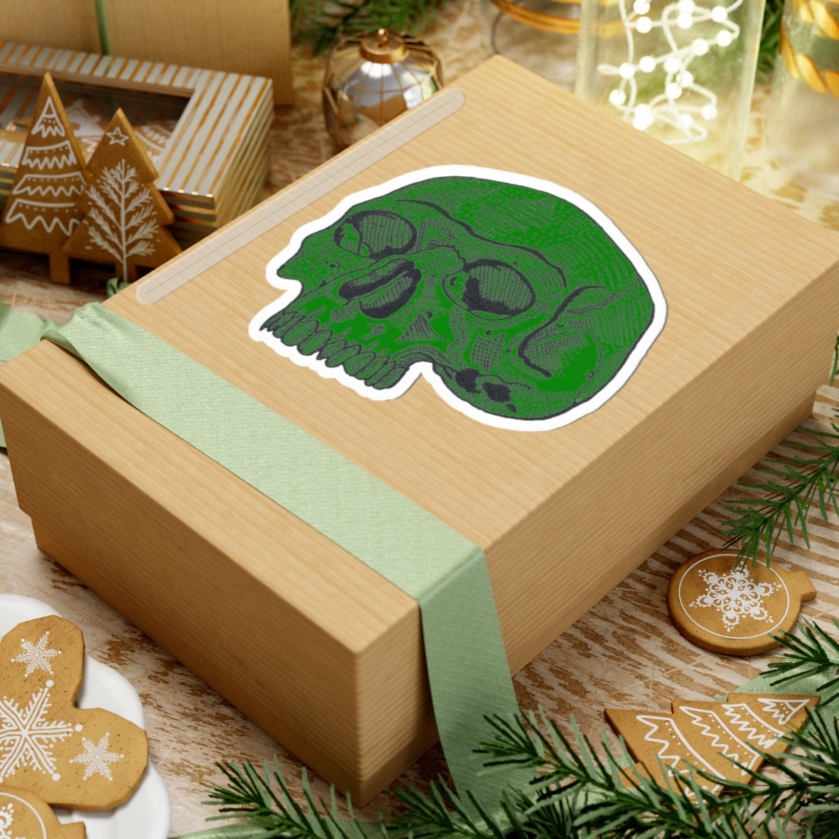 Green Retro Etched Skull Kiss-Cut Sticker