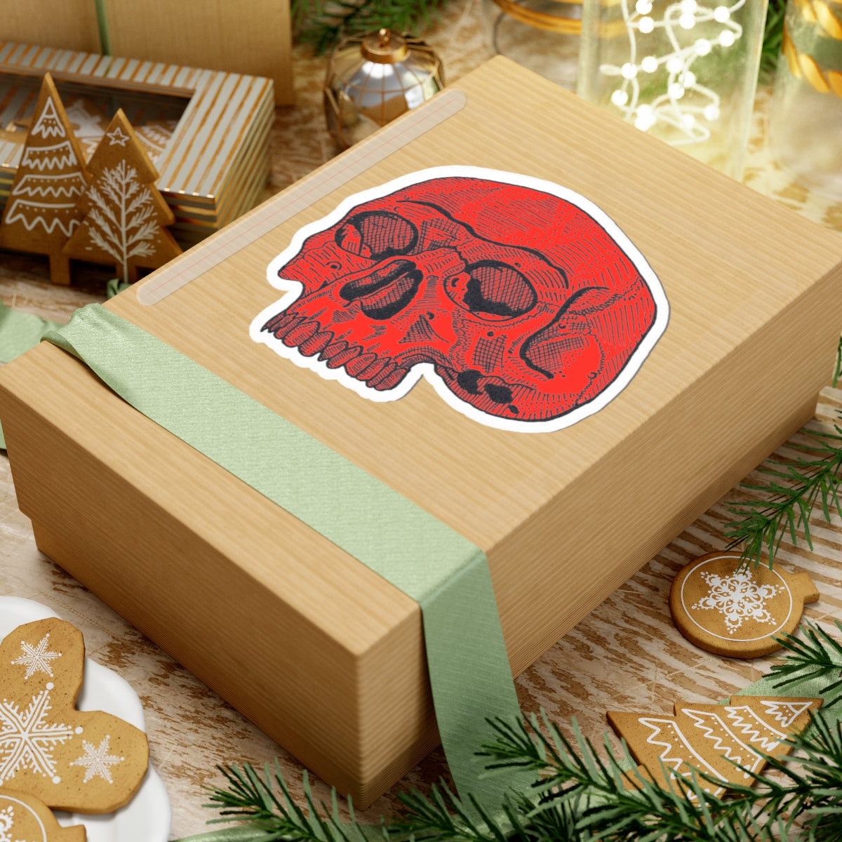 Red Retro Etched Skull Kiss-Cut Sticker