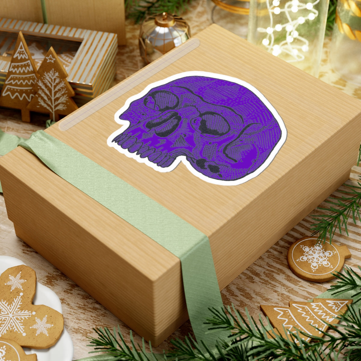 Purple Retro Etched Skull Kiss-Cut Sticker