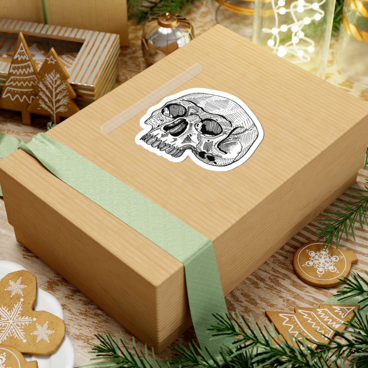 White Retro Etched Skull Kiss-Cut Sticker