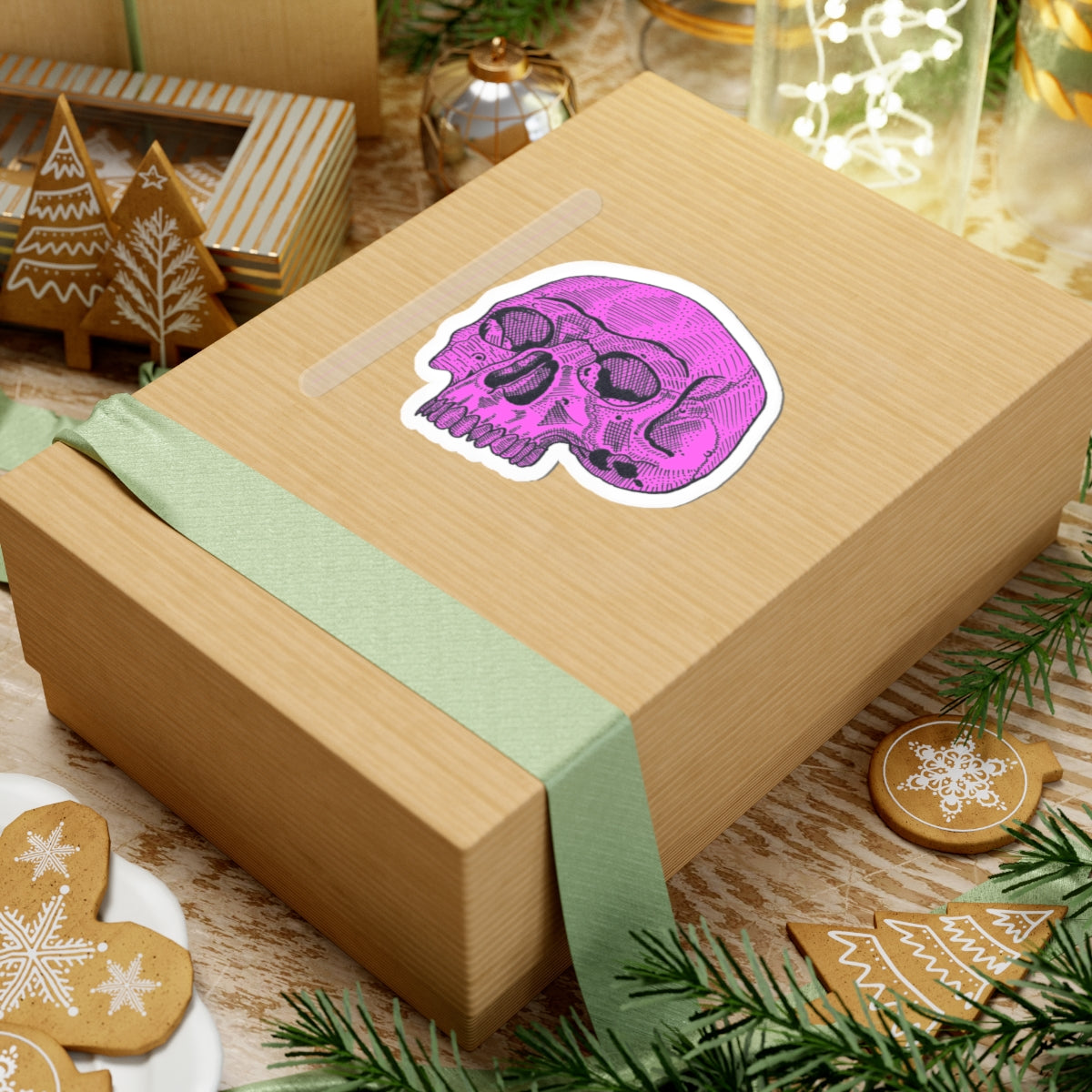 Pink Retro Etched Skull Kiss-Cut Sticker